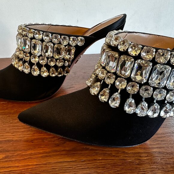 Aquazzura Gem Palace crystal black satin mules size 39.5 US 9.5 Excellent cond. - Picture 3 of 6